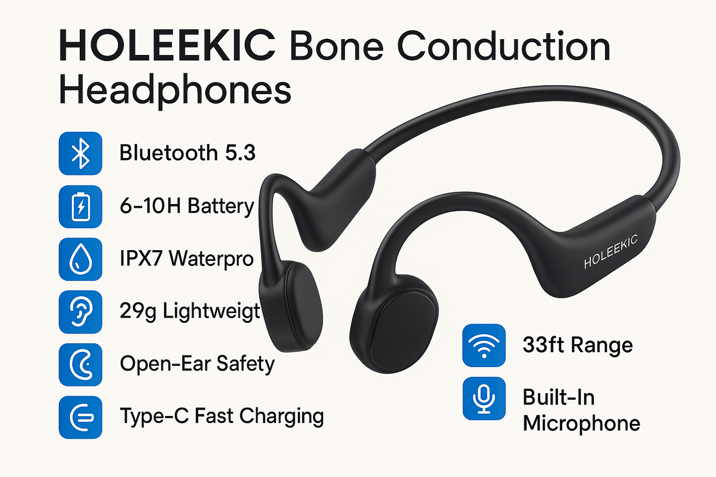 HOLEEKIC Bone Conduction Wireless Headphones - Bluetooth 5.3 Sports Earphones with IPX7 Waterproof Design